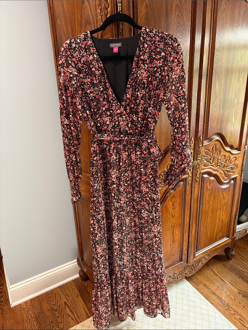 Vince Camuto Black Maxi Dress with orange Floral Print against black background